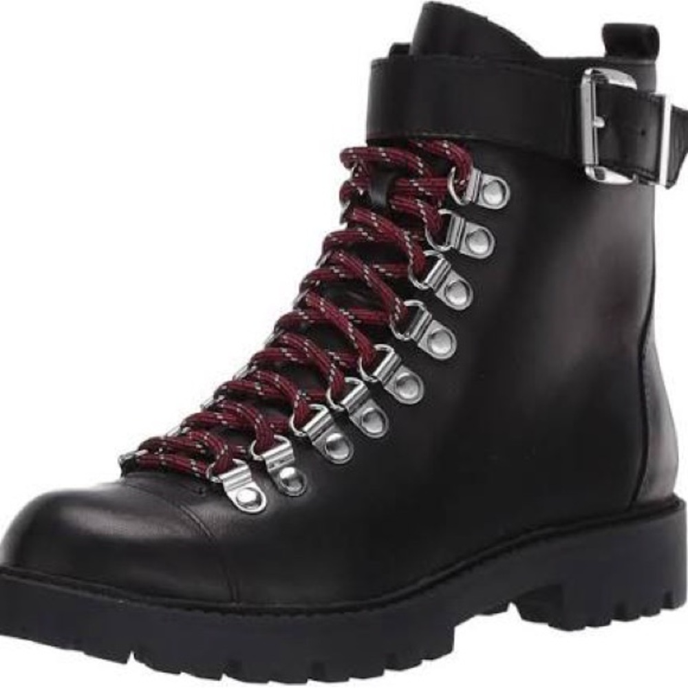 Charles David Black Leather Combat Boots with Burgundy Laces - Picture 2 of 2